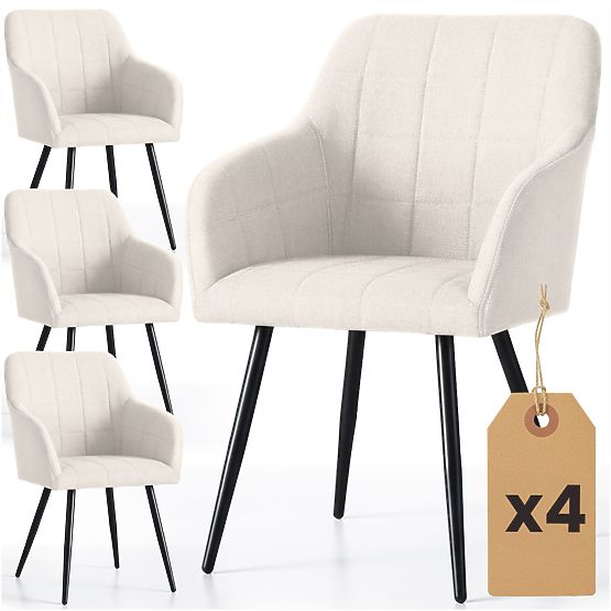 4x Čalouněná židle s čtvercovým prošíváním Krémová LUXANO Černé nohy látka Lumos