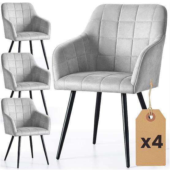 4x Čalouněná židle s čtvercovým prošíváním Šedá LUXANO Černé nohy