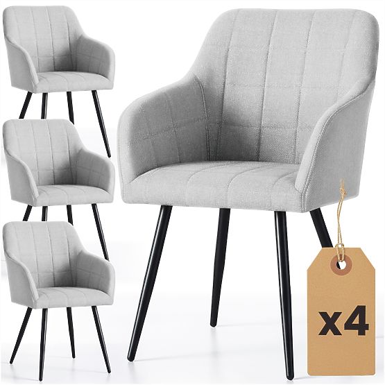 4x Čalouněná židle s čtvercovým prošíváním Světle Šedá LUXANO Černé nohy látka Lumos