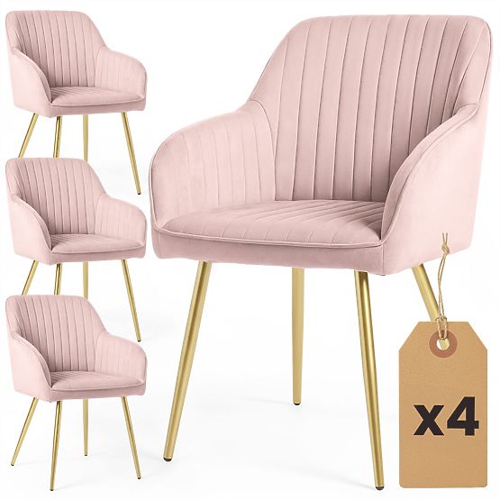 4x Sametová čalouněná židle s prošíváním Pudrová Růžová FLORENCE Zlaté nohy