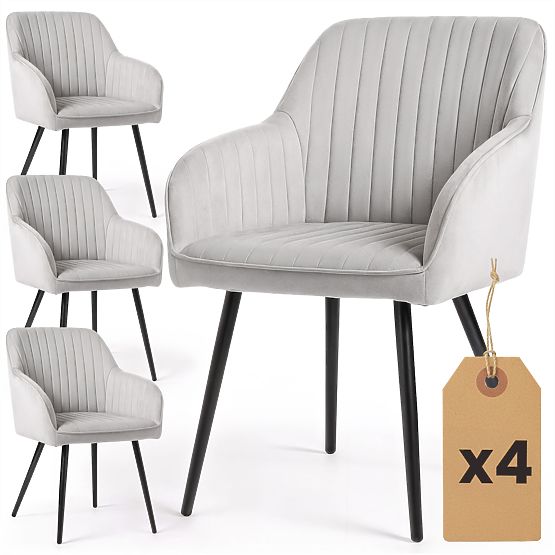 4x Sametová čalouněná židle s prošíváním Šedá FLORENCE Černé nohy