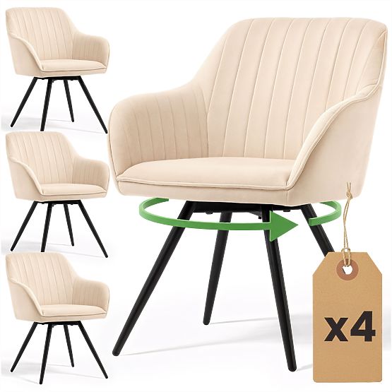 4x Sametová otočná židle s prošíváním Béžová TURNO Černé nohy
