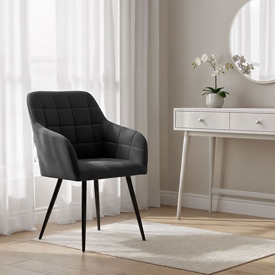 6x Čalouněná židle s čtvercovým prošíváním Černá LUXANO Černé nohy