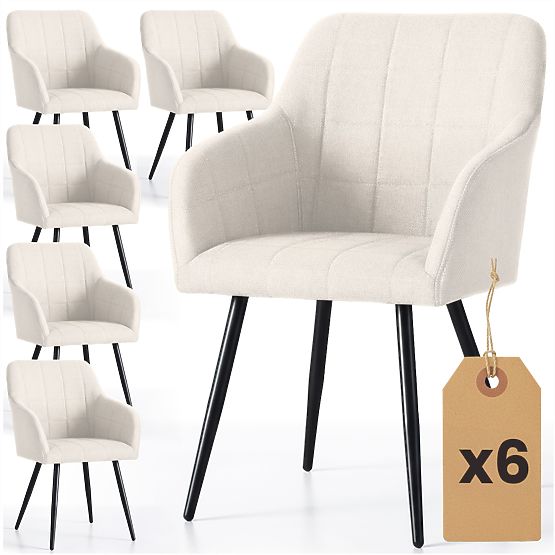 6x Čalouněná židle s čtvercovým prošíváním Krémová LUXANO Černé nohy látka Lumos