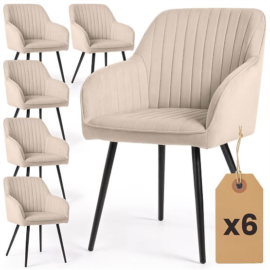 6x Sametová čalouněná židle s prošíváním Béžová FLORENCE Černé nohy
