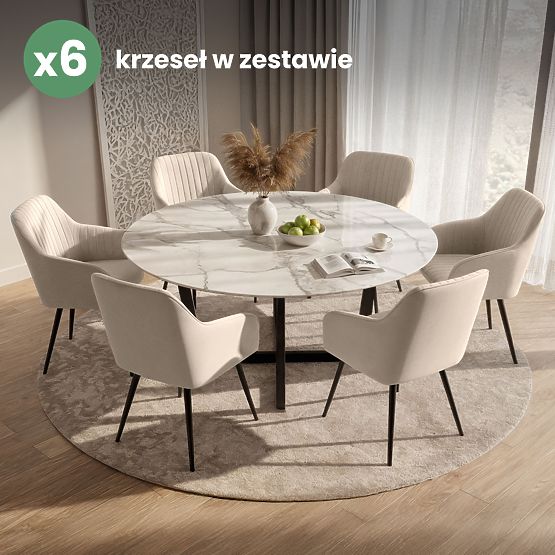 6x Sametová čalouněná židle s prošíváním Béžová FLORENCE Černé nohy