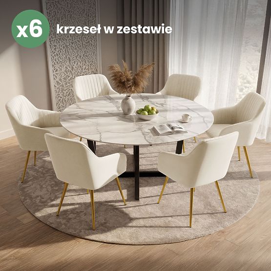 6x Sametová čalouněná židle s prošíváním Krémová FLORENCE Zlaté nohy