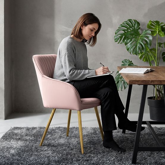 6x Sametová čalouněná židle s prošíváním Pudrově Růžová FLORENCE Zlaté nohy