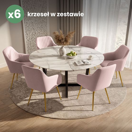 6x Sametová čalouněná židle s prošíváním Pudrově Růžová FLORENCE Zlaté nohy