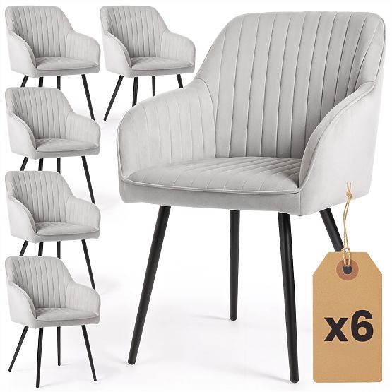 6x Sametová čalouněná židle s prošíváním Šedá FLORENCE Černé nohy