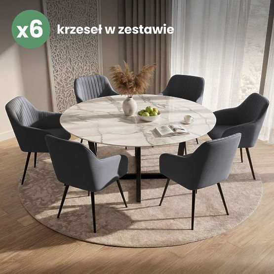 6x Sametová čalouněná židle s prošíváním Tmavý Grafit FLORENCE Černé nohy