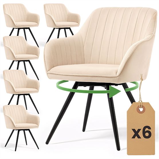 6x Sametová otočná židle s prošíváním Béžová TURNO Černé nohy