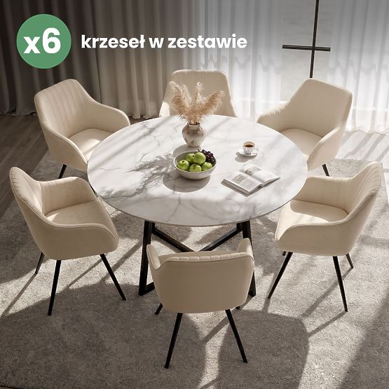 6x Sametová otočná židle s prošíváním Béžová TURNO Černé nohy