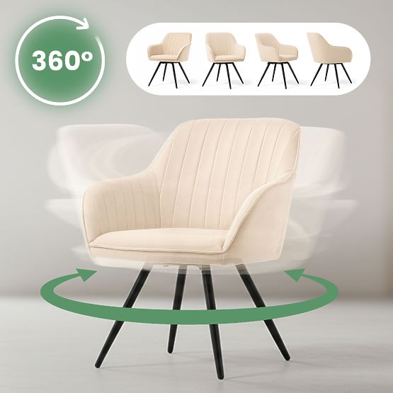 6x Sametová otočná židle s prošíváním Béžová TURNO Černé nohy