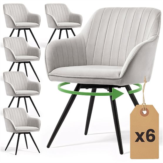 6x Sametová otočná židle s prošíváním Šedá TURNO Černé nohy