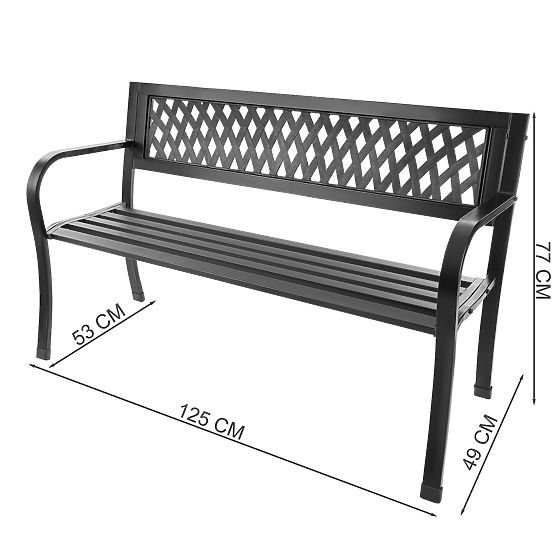 Ažurová zahradní lavička s opěradlem parková na terasu balkon kovová konstrukce