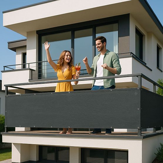 Balkónová clona s kovaním 100x500 cm stínící síť + instalační prvky šedá MultiGarden