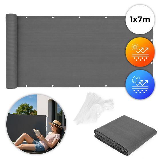 Balkónová clona s kovaním 100x700 cm stínící síť + instalační prvky šedá MultiGarden