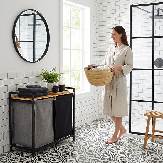 bambusový koš na prádlo nebo hračky HANOI BLACK 2 přihrádky DUO BARVA