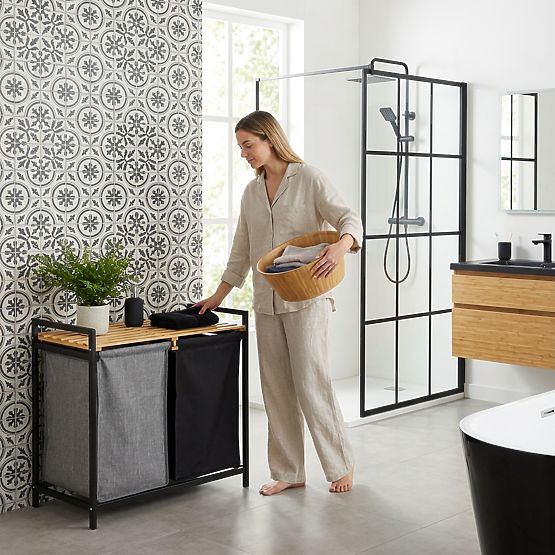 bambusový koš na prádlo nebo hračky HANOI BLACK 2 přihrádky DUO BARVA