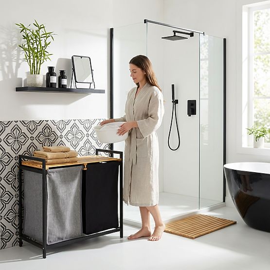 bambusový koš na prádlo nebo hračky HANOI BLACK 2 přihrádky DUO BARVA