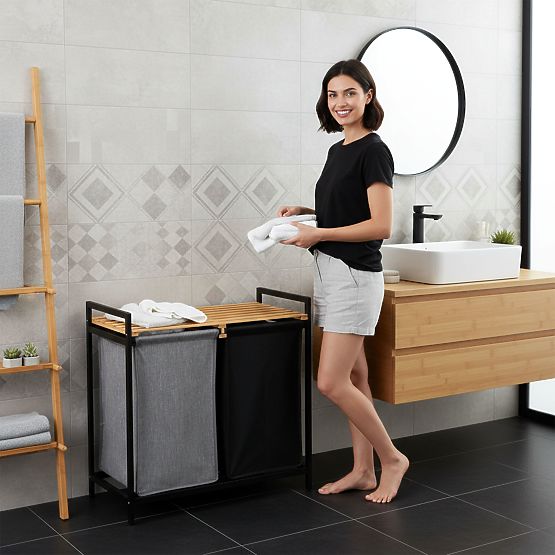 bambusový koš na prádlo nebo hračky HANOI BLACK 2 přihrádky DUO BARVA