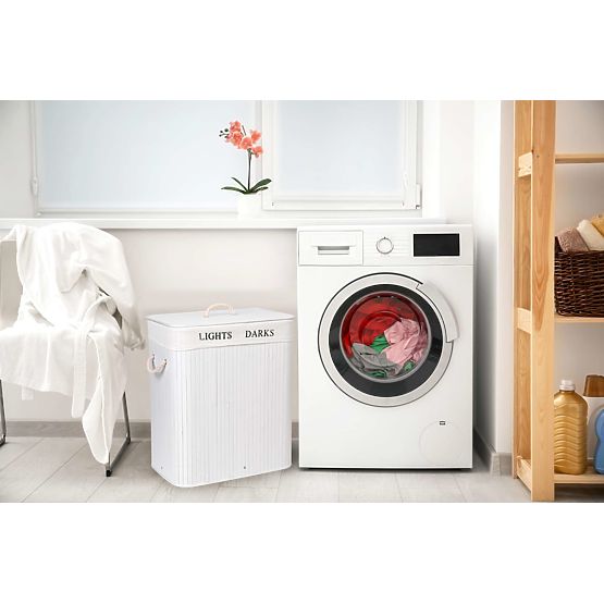 Bambusový koš s víkem 100L 2 komory bílý