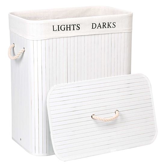 Bambusový koš s víkem 100L 2 komory bílý