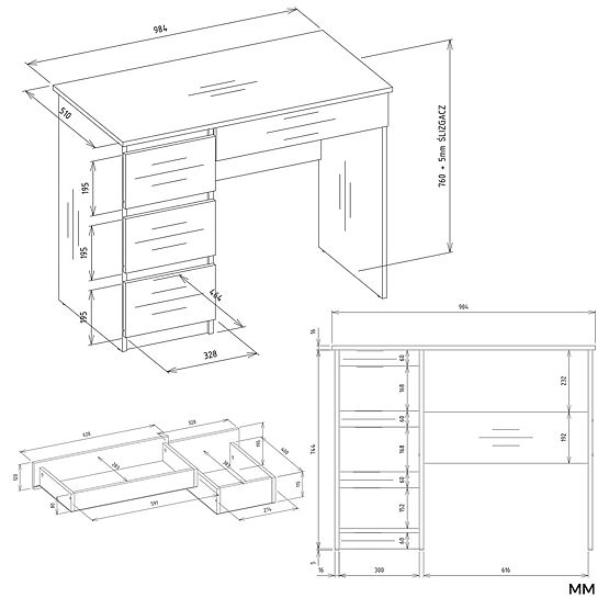 Biurko MIJAS Lewe Z Nadstawką Biel Mat 4 Szuflady 4 Półki Do Biura Pokoju