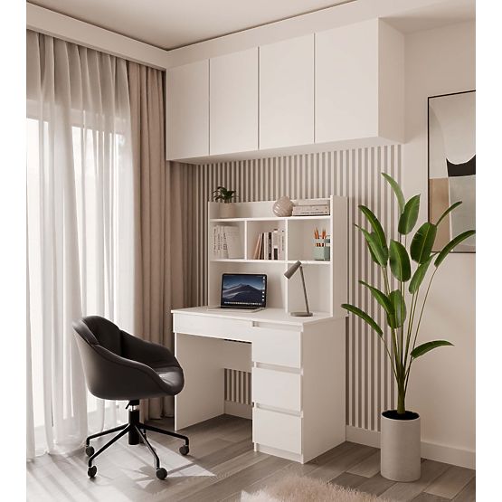 Biurko MIJAS Prawe z Nadstawką Biel Mat 4 Szuflady 4 Półki Do Biura Pokoju