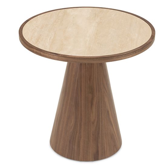 Boční stolek Kyoto 60 cm, kulatý, travertin/ořech