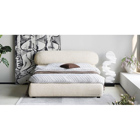 Čalouněná postel Avola 160x200 cm, s roštem a úložným prostorem, světle béžová, zaoblená