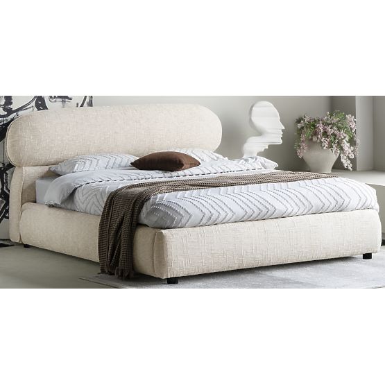 Čalouněná postel Avola 160x200 cm, s roštem a úložným prostorem, světle béžová, zaoblená