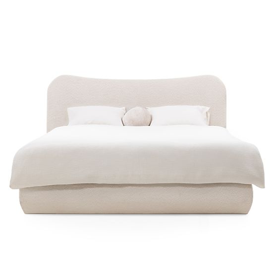 Čalouněná postel Derry 140x200 cm, s roštem a úložným prostorem, zaoblená, béžová