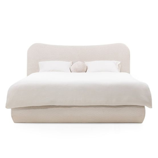 Čalouněná postel Derry 140x200 cm, s roštem a úložným prostorem, zaoblená, béžová