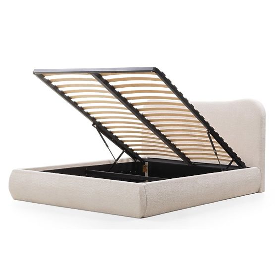 Čalouněná postel Derry 160x200 cm, s roštem a úložným prostorem, zaoblená, béžová