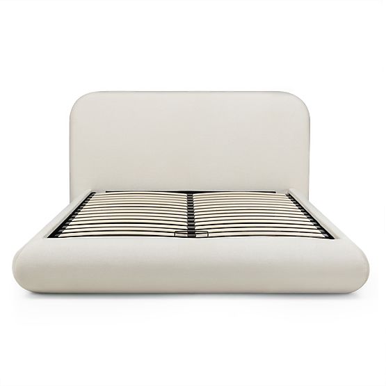 Čalouněná postel Lumi 160x200 cm, s roštem a úložným prostorem, zaoblená, světle béžová