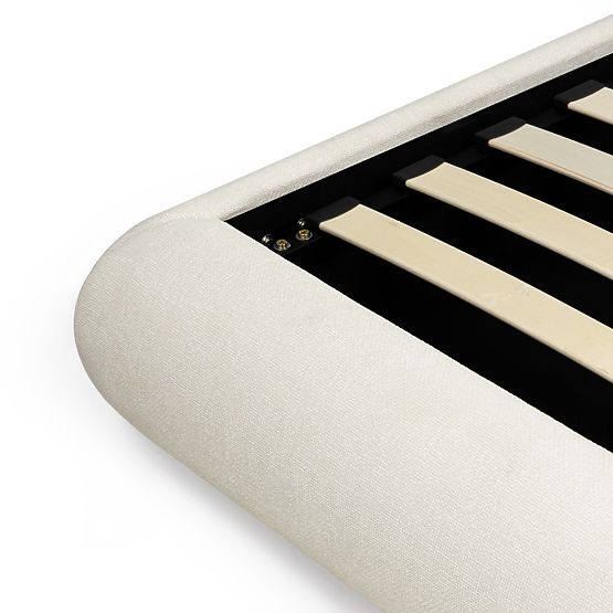 Čalouněná postel Lumi 160x200 cm, s roštem a úložným prostorem, zaoblená, světle béžová