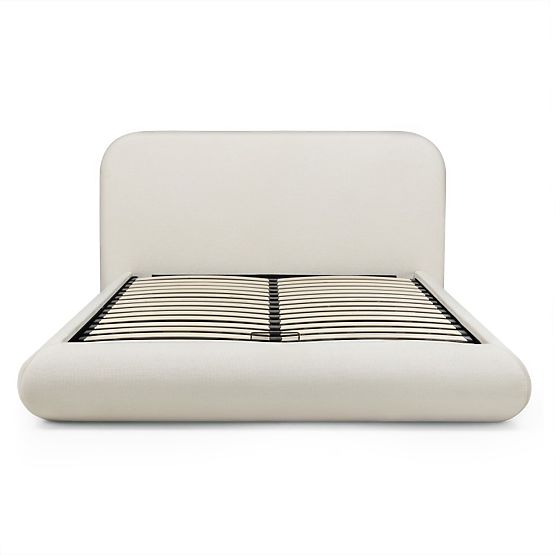 Čalouněná postel Lumi 160x200 cm, s roštem a úložným prostorem, zaoblená, světle béžová