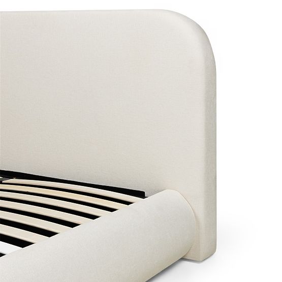 Čalouněná postel Lumi 160x200 cm, s roštem a úložným prostorem, zaoblená, světle béžová