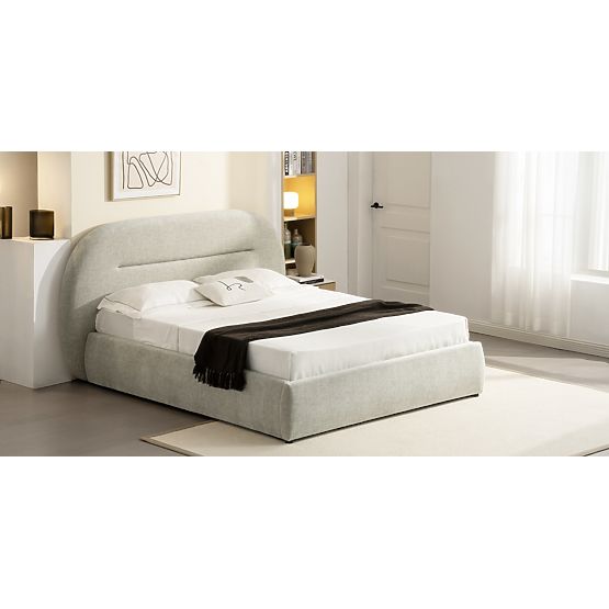 Čalouněná postel Luno 160x200 cm, s roštem a úložným prostorem, světle béžová, zaoblená