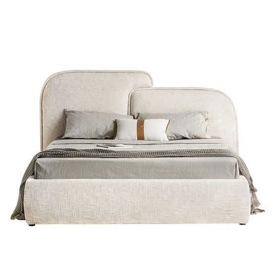 Čalouněná postel Nestia 160x200 cm, s roštem a úložným prostorem, světle béžová, zaoblená