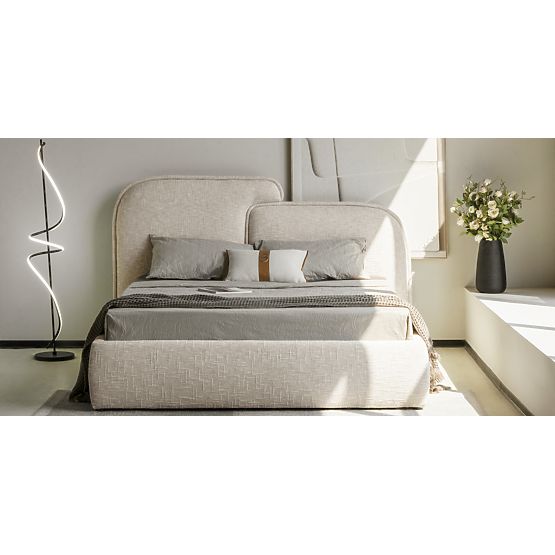 Čalouněná postel Nestia 160x200 cm, s roštem a úložným prostorem, světle béžová, zaoblená