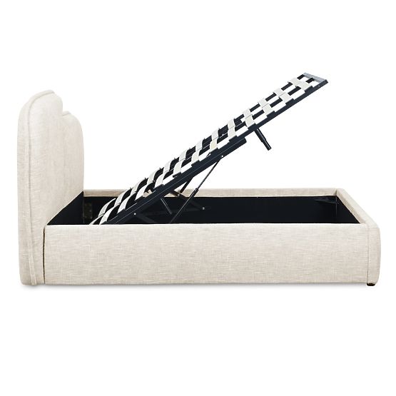 Čalouněná postel Nestia 160x200 cm, s roštem a úložným prostorem, světle béžová, zaoblená