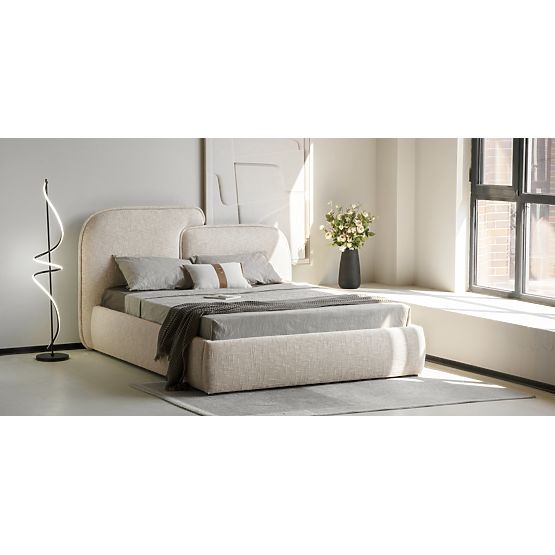 Čalouněná postel Nestia 160x200 cm, s roštem a úložným prostorem, světle béžová, zaoblená