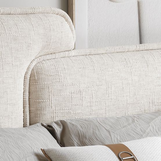 Čalouněná postel Nestia 160x200 cm, s roštem a úložným prostorem, světle béžová, zaoblená