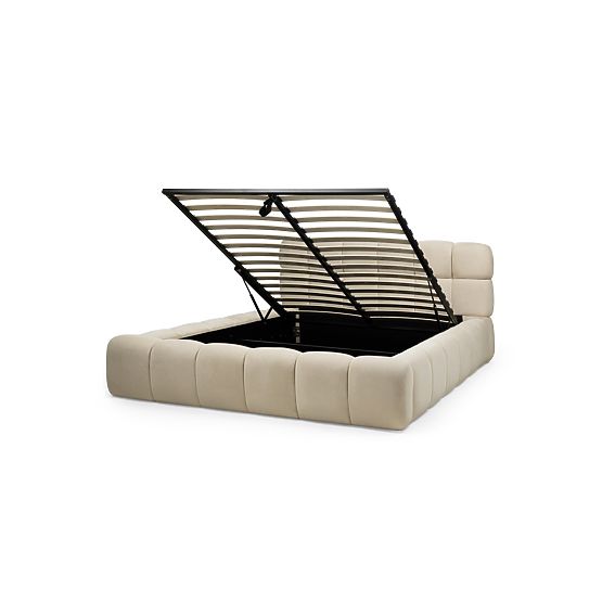 Čalouněná postel Nexo 160x200 cm, s roštem a úložným prostorem, světle béžová, oblých tvarů