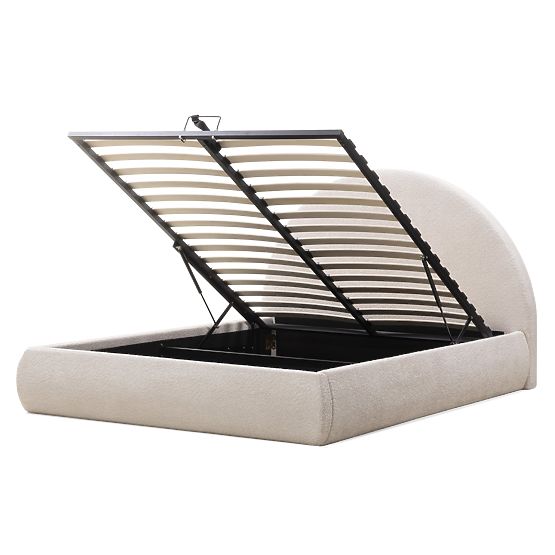 Čalouněná postel Orbi 140x200 cm, s roštem a úložným prostorem, zaoblená, béžová