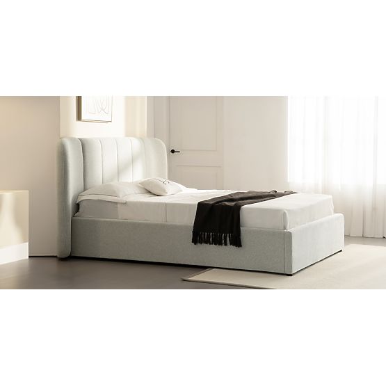 Čalouněná postel Snoovia 160x200 cm, s roštem a úložným prostorem, světle béžová