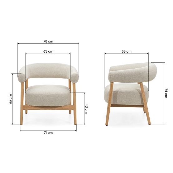 Čalouněná židle/křeslo Montepulciano, světle béžová/dubové dřevo, zaoblené